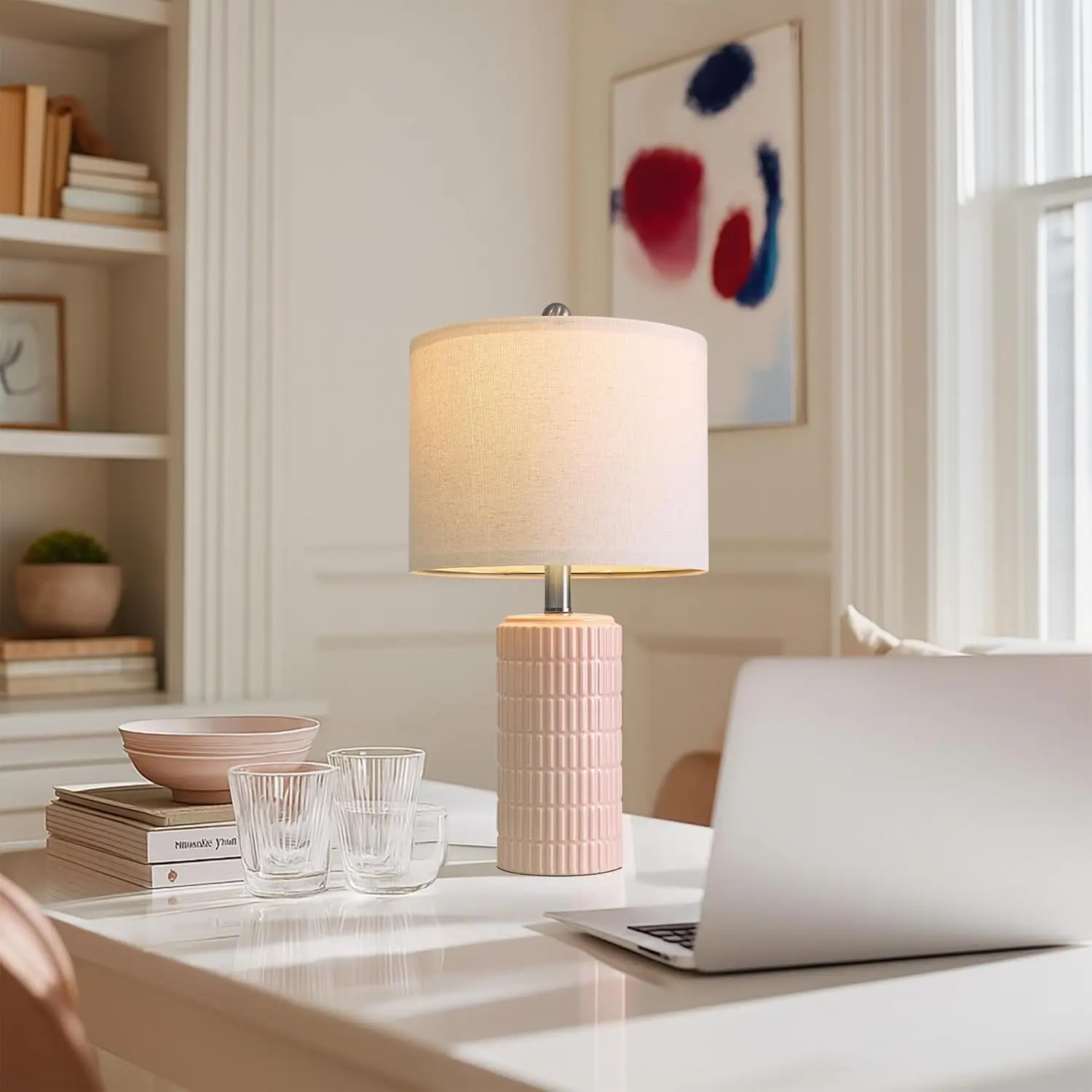20.75" Pink Ceramic Table Lamps Set of 2, Small Modern Bedroom Lamps for Girls Room, Bedside Lamps for Night Stands view 4