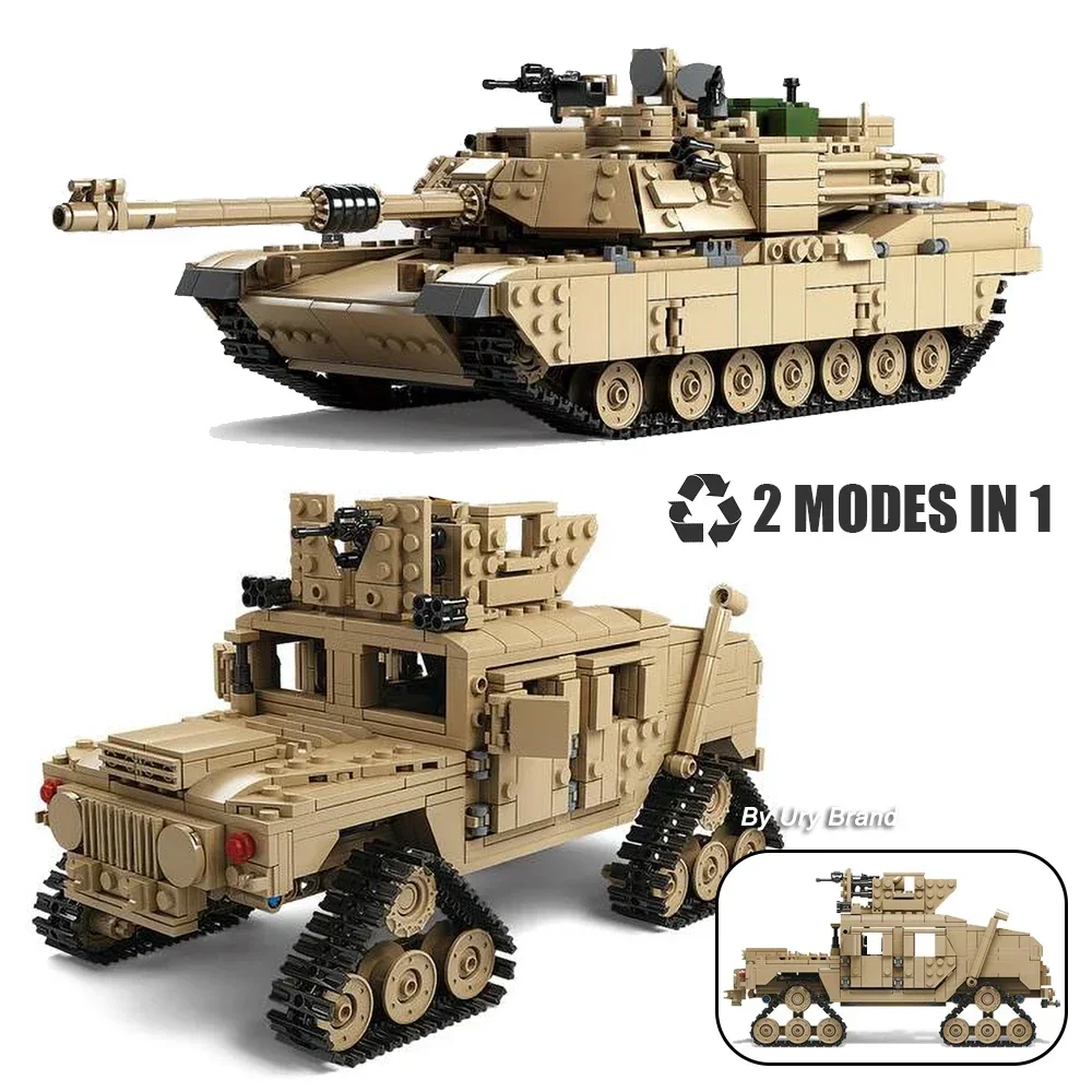 2in1 WW2 Military M1A2 Abrams MBT Tank Model Army Cannon Chariot Set Soldier Figures DIY Building Blocks Toys for Boys Kids Gift