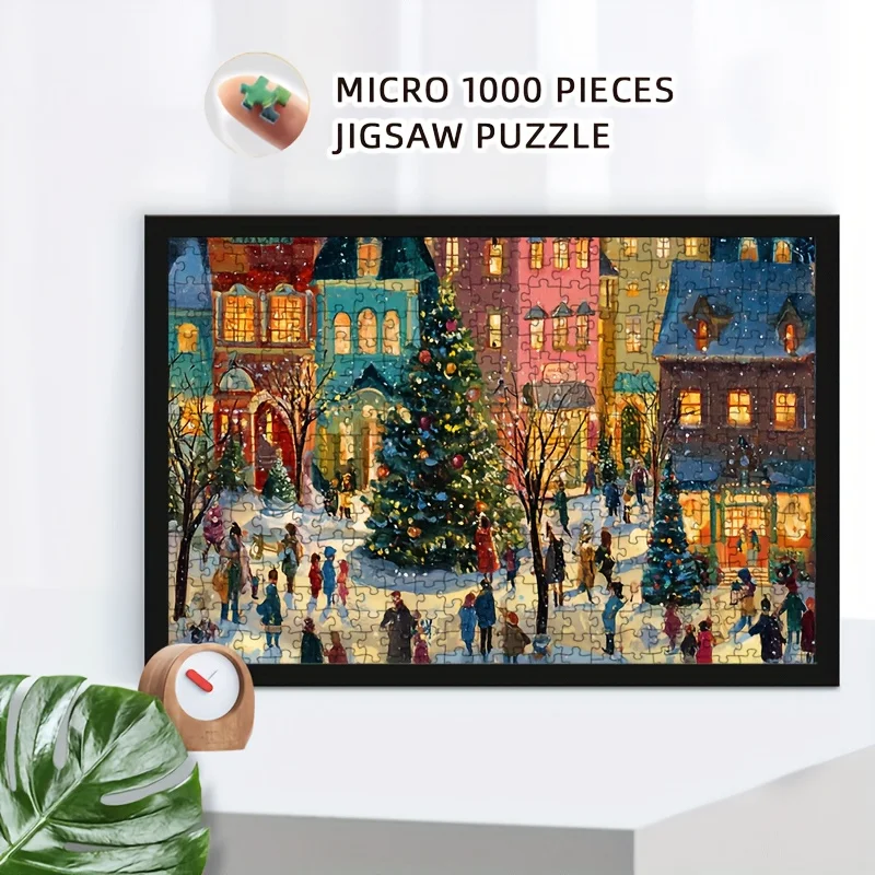1000pcs Christmas Jigsaw Puzzle 15x10 Inch Winter Scene Snowy Street Christmas Challenge Puzzle for Adult Perfect Christmas Gift
