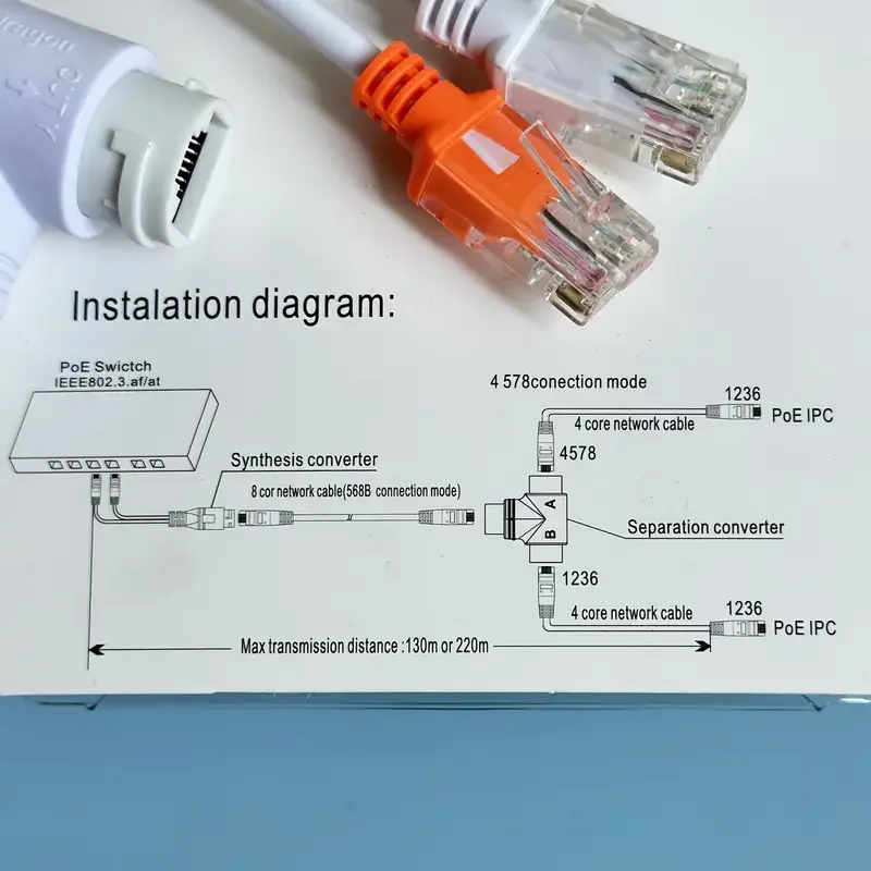 2 In 1 POE Splitter Saving Network Simplified Cable Connector Three-way RJ45 Connector For IP Camera System