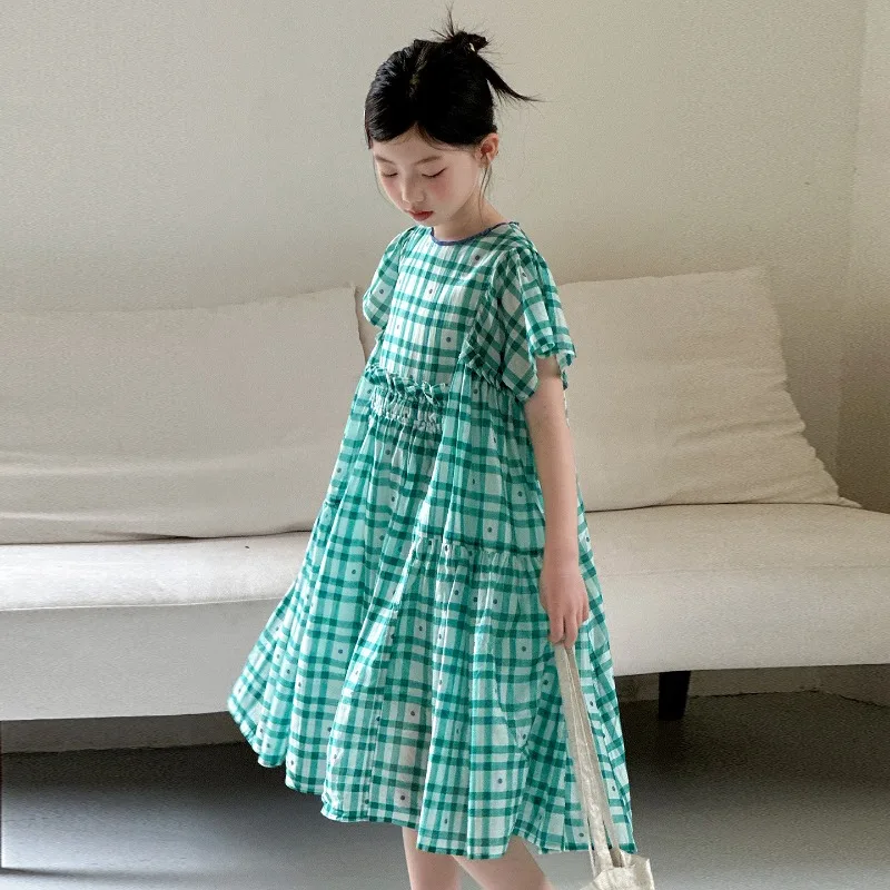 vestido-de-verano-para-ninas-2026-dulce-y-lindo-verde-a-cuadros-manga-corta-holgado-estilo-linea-a-ropa-infantil-para-uso-diario