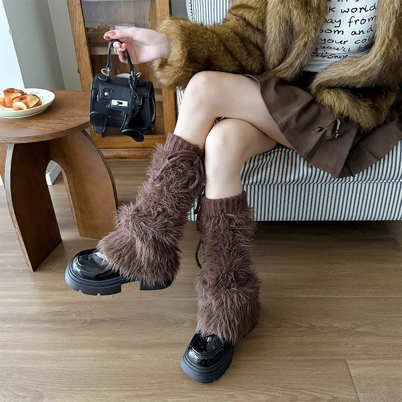 Y2K Fuzzy Leg Warmers Women Winter Knitted Boot Cuffs Tie-Detachable Soft Plush Socks for Casual Streetwear Loungewear Stockings