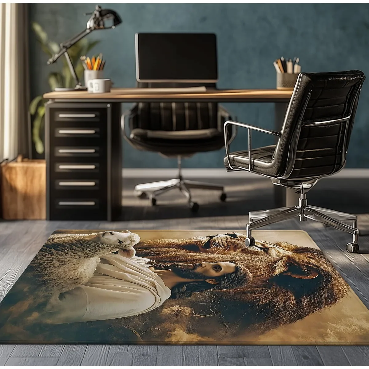 Jesus Lion Lamb Religious Art Crystal Velvet Rug Christian Faith Symbolism Spiritual Home Decor Living Room Bedroom Floor Mat