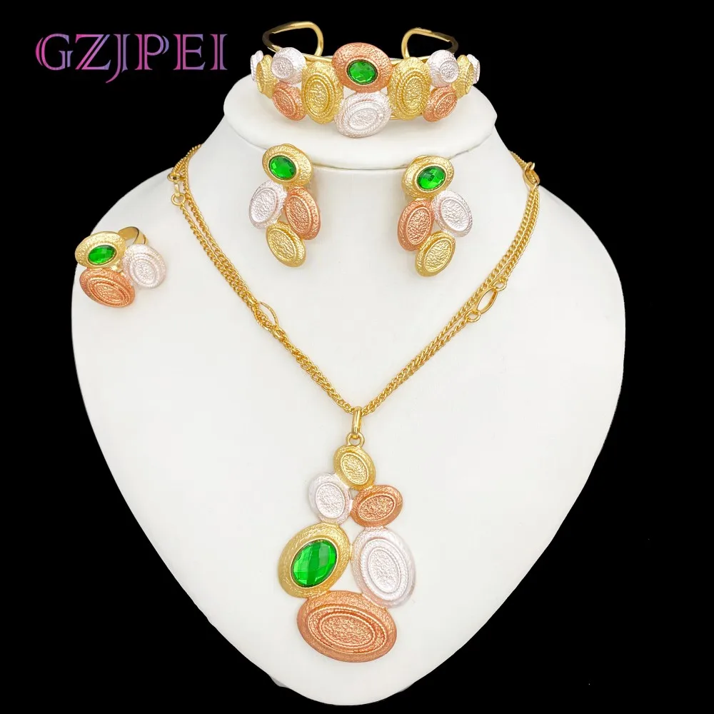 

GZJPEI Design Women Jewelry Set Elegant Multilayer Chain Necklace Wide Bangle Bracelet Three Tone Wedding Party Gift 2025 New