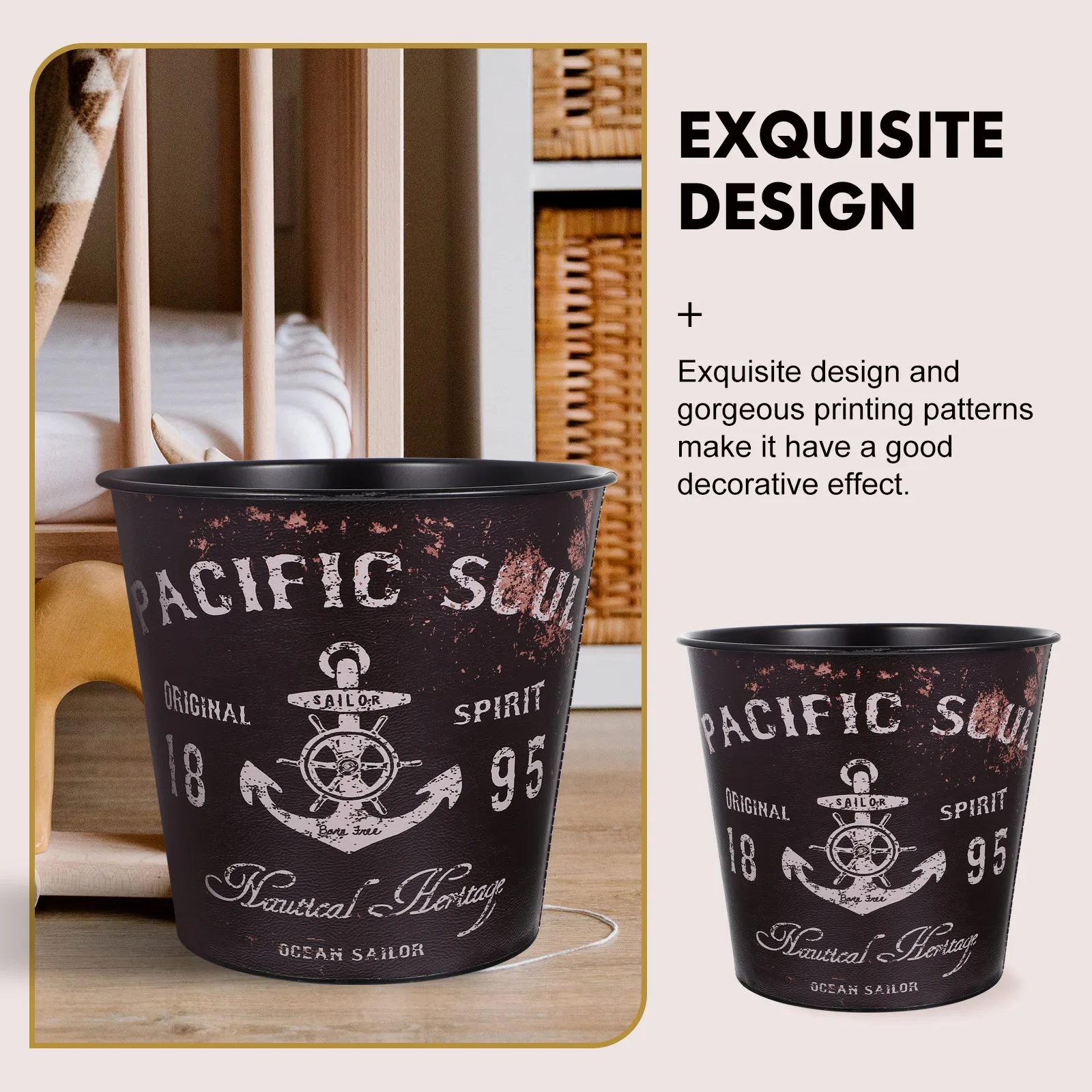 

Retro Trash Can Household Waste Bin Bathroom Storage Basket Recycling Flag Decorative Iron Garbage Bucket