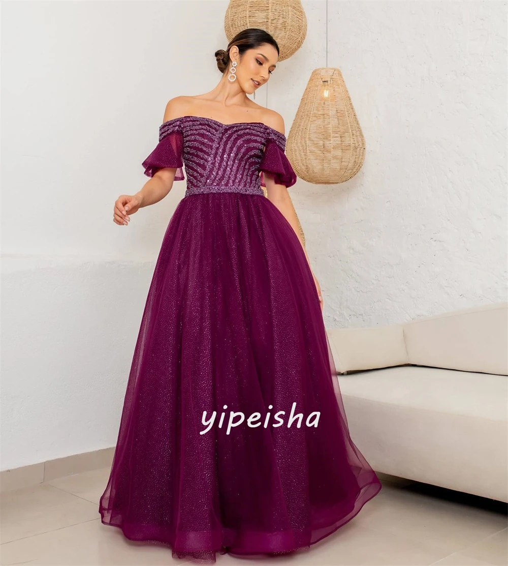 Maßgeschneiderter Abendkleid aus Organza mit Pailletten, drapiert, A-Linie, schulterfrei, maßgeschneidertes Anlasskleid, lange Kleider