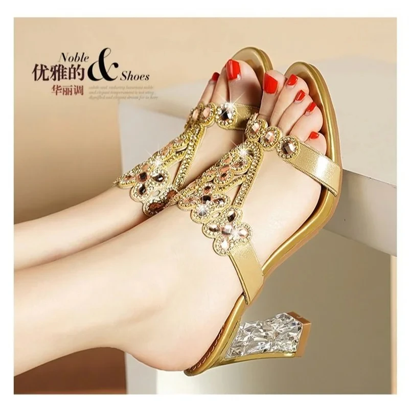 Summer Women\'s Elegant Fashion High Heel Slippers Open Toe High Heels Sandals Personalized Rhinestone Stiletto Sandals