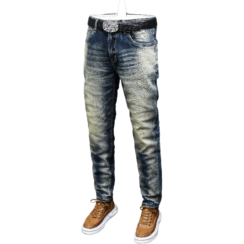 Red-Ear Denim Jeans for Men2024New Retro Nostalgic Classic Washed Wear-White Fashion High-End Slim Fit Ankle Tight Trousers
