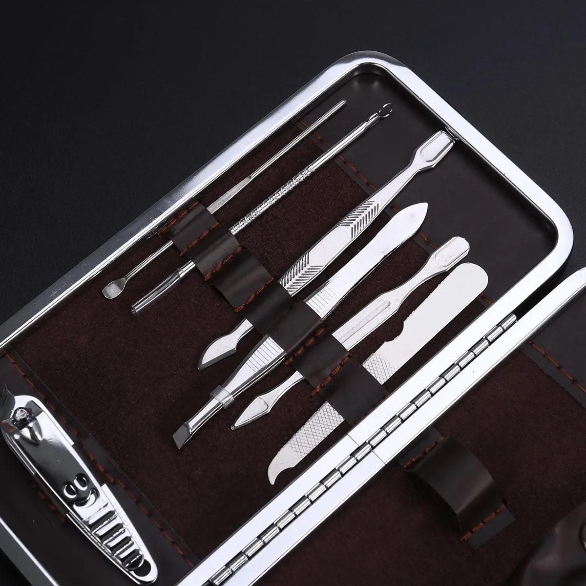 

12Pcs Manicure Pedicure Grooming Kit Stainless Steel Nail Care Set Brown PU Bag Professional Nail Clipper Tweezers Scissors File