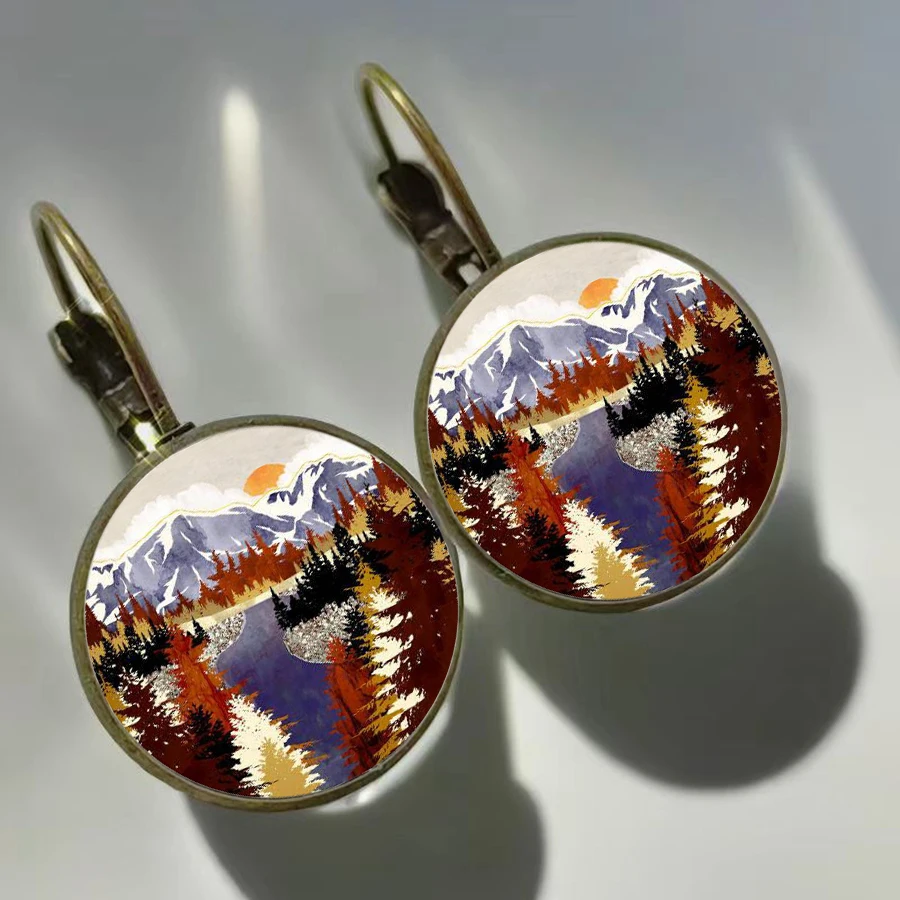 2024 New Mountain River Sunset Earrings Lake Forest Scenery Women\'s Glass Earrings Love for Nature Girl Earrings Gift