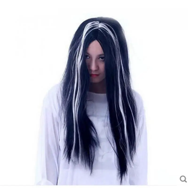 Halloween Yin Yang Wig Japanese Ghost Girl Costume Headgear for Scary Parties Stage Performances Cosplay Events White Black Wig