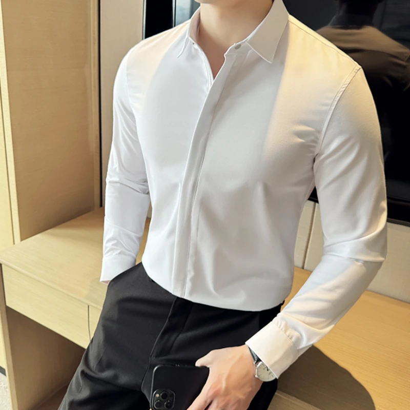 2024 Spring Long Sleeve Shirts Men Hidden Zipper Casual Shirts Slim Fit Solid Color Business Social Formal Shirt Men Clothing