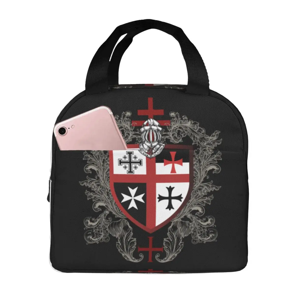 Knights Templar Cross Shield Symbol Thermal Insulated Lunch Bag Medieval Emblem Portable Lunch Container Multifunction Food Box