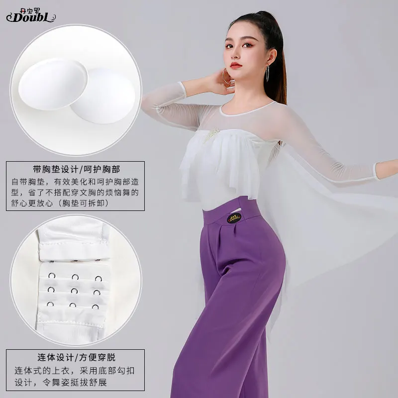 Doubl Moden Dance Blouse New Women's Net Gauze Flanged After Floating Long Sleeve Ballroom Dance Dress