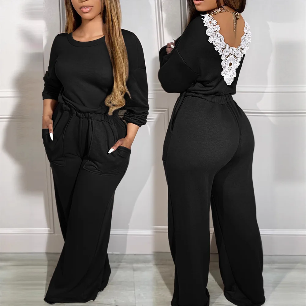 

Drop Shoulder Long Sleeve Contrast Lace Backless Overalls Casual Elastic Waist Wide Leg Jumpsuit