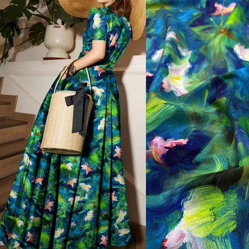 

18 мм эластичная зеленая шелковая крепдешинная ткань с принтом розового лотоса для лета, мягкие классические брюки, пижамы, материал для шитья своими руками, R2421