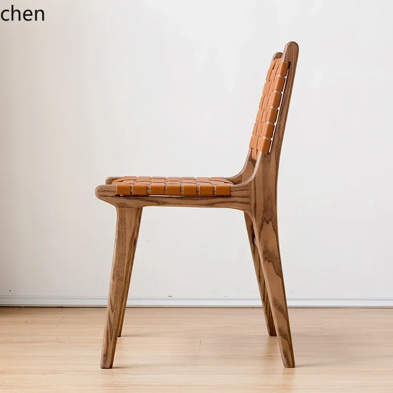 TQH7.2 Saddle Leather Dining Chair Home Solid Wood Creative Vintage casual Backrest Woven Chair