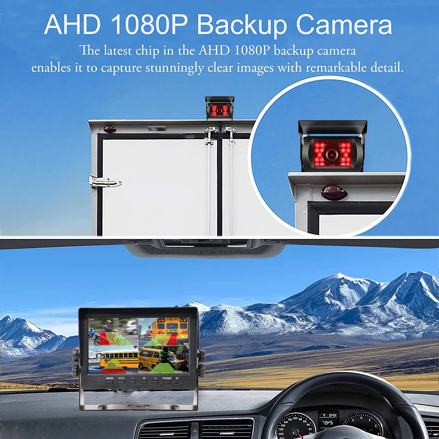 PWAS 7 Inch AI BSD Spot Blind Human Vehicle Detection Quad View Monitor DVR 1080P Cameras Sound Light Alarm for Truck Rvs Tanker