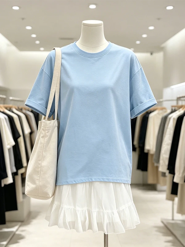 

Blue A-Line Midi Skirt And Top Set for plus Size Women Summer New Arrival High Waist Commuter Style Korean Loose Fit Short Sl...