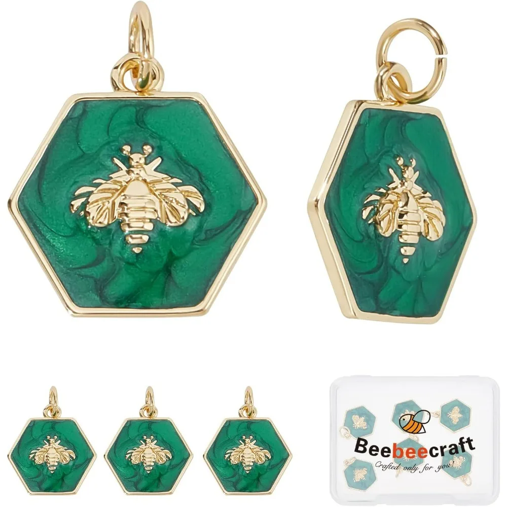 1 Box 6Pcs Hexagon Charms 18K Gold Plated Brass Bee Green Enamel Charm Pendants with Jump Ring for Jewelry Making Necklace