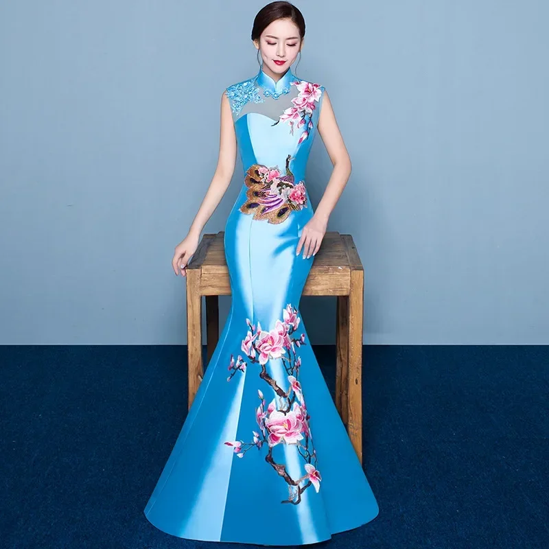 

Fashion Wedding Party Cheongsam Oriental Evening Dress Chinese Style Women Elegant Qipao Sexy Long Robe Retro Vestido S-3XL