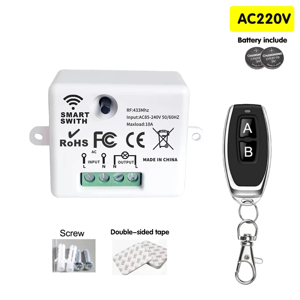 

10A Relay Receiver RF433MHz Remote Control Light Switch With AB Transmitter Wall Panel Switch For Lighting Led Wireless