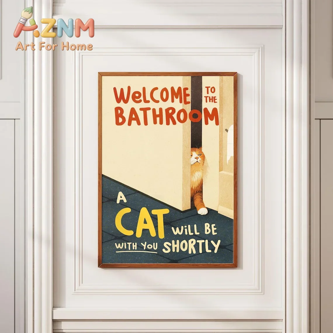 Bienvenue dans la salle de bain. Un chat vous attendra bientôt – Impression artistique numérique amusante, décoration murale pour les amoureux des chats, décoration intérieure pour la salle de bain.