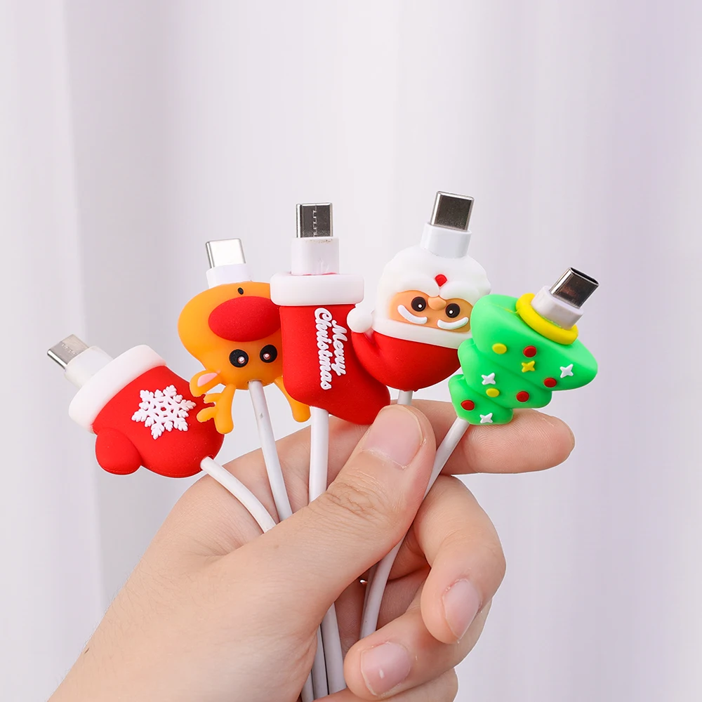 Cartoon Christmas USB Cable Saver Wire Cord Protector dla iPhone Xiaomi Samsung Huawei Charger Wire Miękki silikonowy pokrowiec