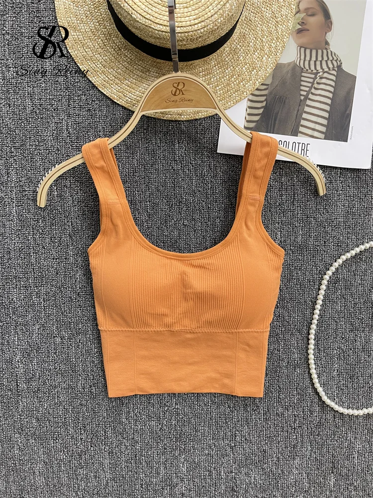 SINGREINY 2024 Fashion Casual Crop Top Women Strap Basic Chest Pad Sleeveless Sports Tank Top Solid Backless Beach Camis