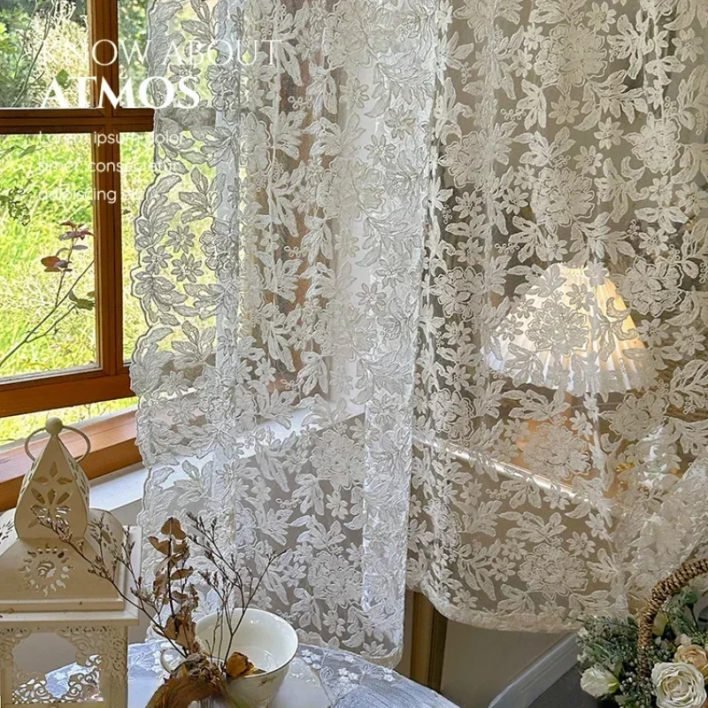 

French Lace Gauze Curtains for Living Room Cream Retro Wavy Edge Bedroom Bay Window Girl Embroidery Curtain Door White Tulle