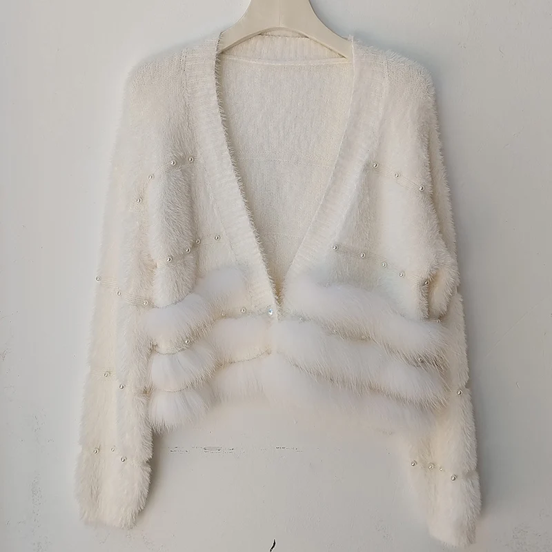 Short Real Fox Fur Trim Knitted Cardigan Sweater With Button Women Autumn V-neck Long Sleeve Knitwear Sweater