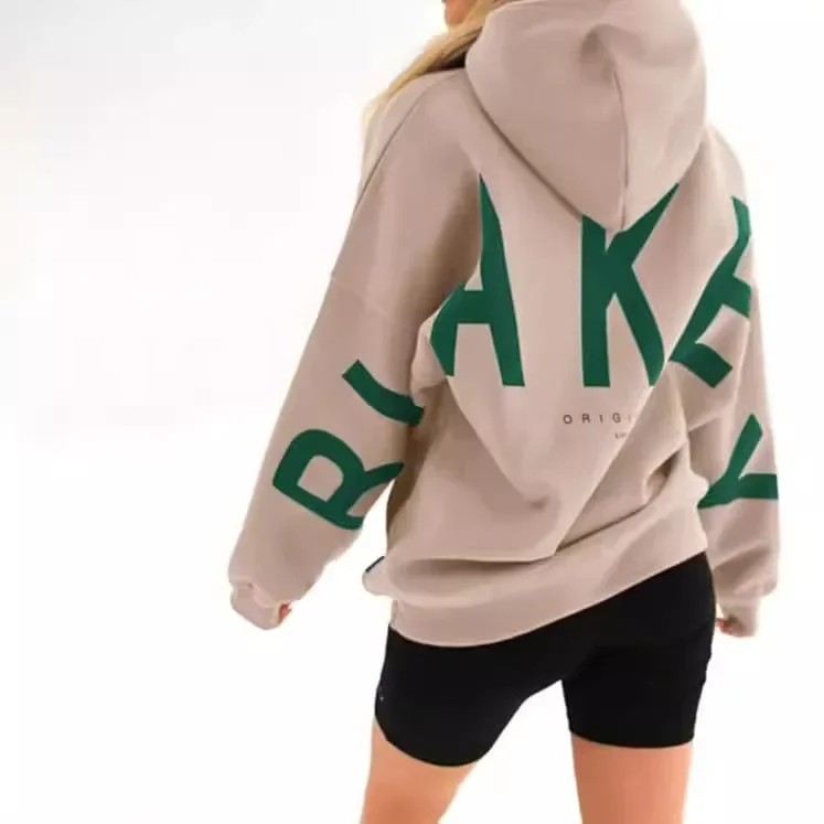 Sudadera con capucha holgada de manga larga gruesa para mujer, sudadera versátil con estampado de moda, ropa de calle informal cómoda, otoño e invierno