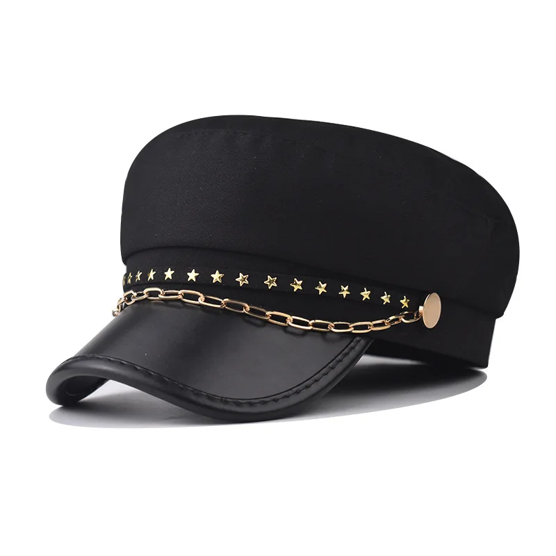 

Newsboy Hats Octagonal Hat Gold Chain Fashionable Versatile PU Beret Personalized Five Pointed Star British Fashion Military Hat