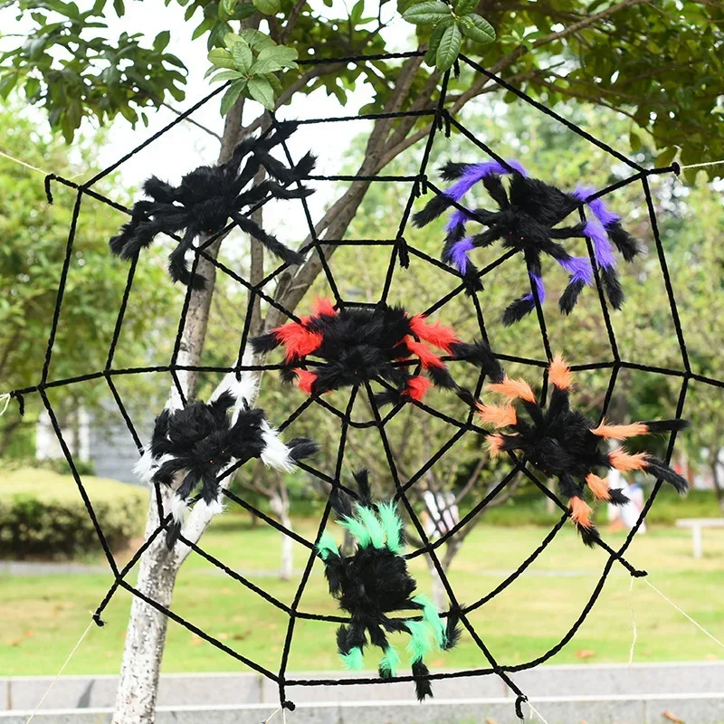 Riesiges rundes Spinnennetz und große haarige künstliche Spinne – gruselige Requisiten für Halloween-Dekorationen für Garten, Tür & Outdoor-Deko, Partygeschenke – Detail 1