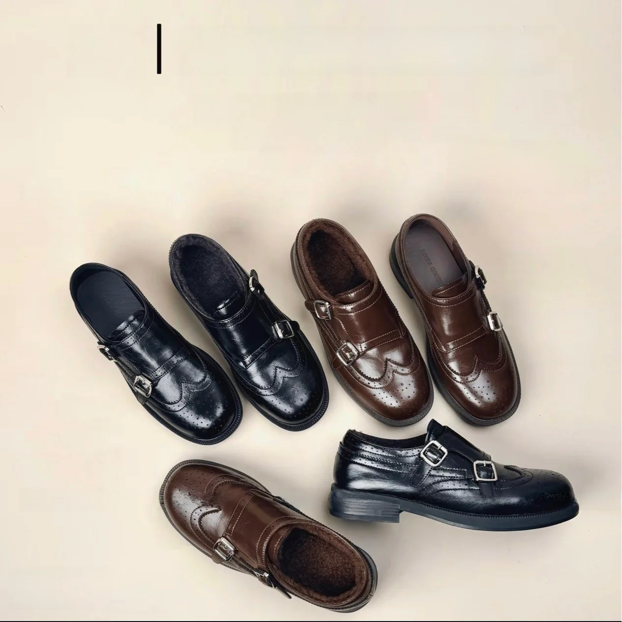 

Genuine Leather Brogue Flats Women's Fashion Single Shoes Floral Carving Slip-On British Style Rubber Outsole Flat Heel