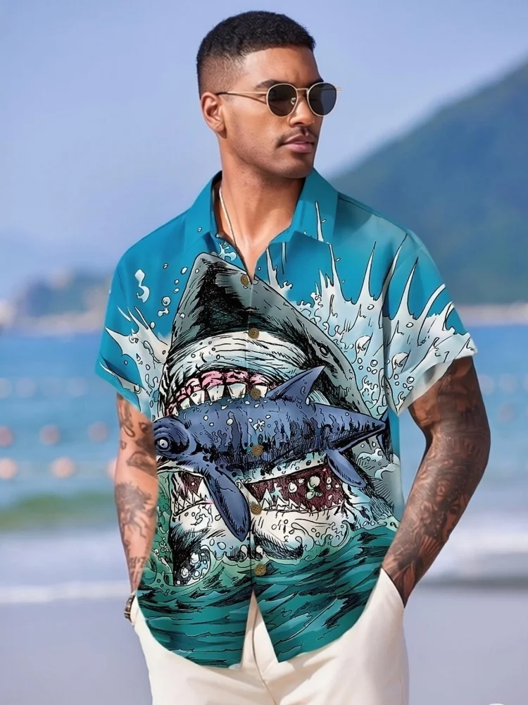 

Men's Hawaiian Great White Shark Pattern Short Sleeve Shirt Bohemian Summer Lapel Collar Fashion Casual Loose Button Tunics Tops