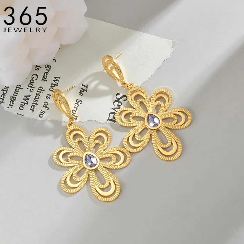 Exaggerate Multi -layer Flower With Stone Stainless Steel Earring Gold Color For Women Girls Party Wedding Jewelry Gift