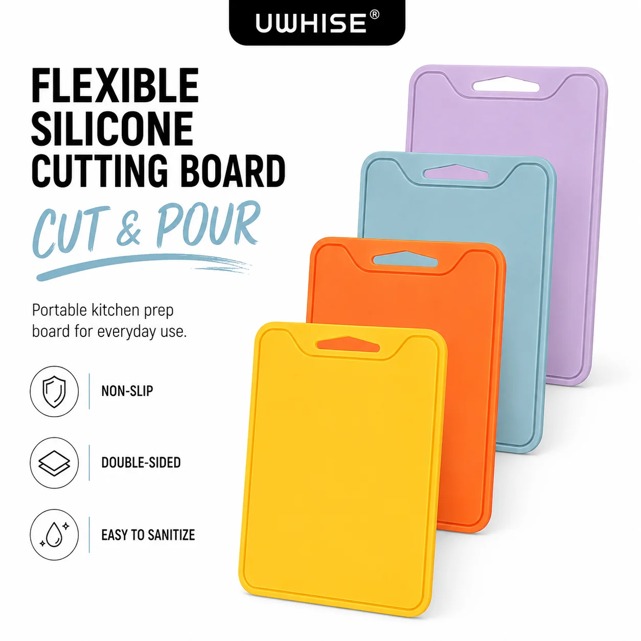 Uwhise Silicone Cutting Board Flexible Chopping Block Mat For Kitchen Veggie Meat Fruit Deep Juice Groove Dishwasher Safe