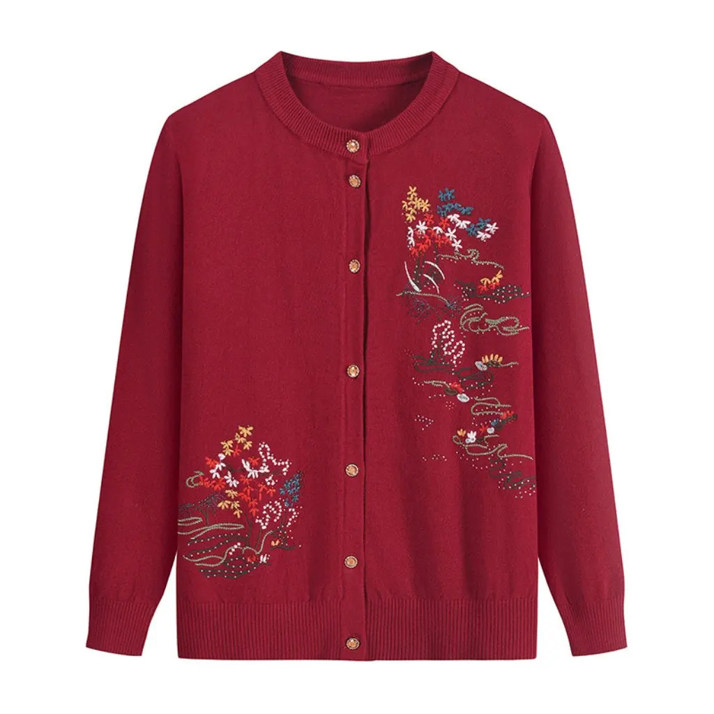

Middle-Aged Women's Printed Knitted Cardigan Sweater Loose Casual Mom Outer Wear for Spring And Fall 50-Year-Old Fashion Top