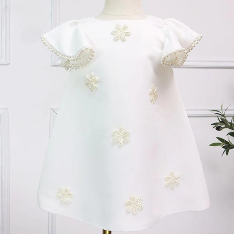 

Baby Girl Princess Pearl Dress Fly Sleeve Infant Toddler Child Elegant White Vestido Birthday Party Wedding Baby Clothes 1-14Y