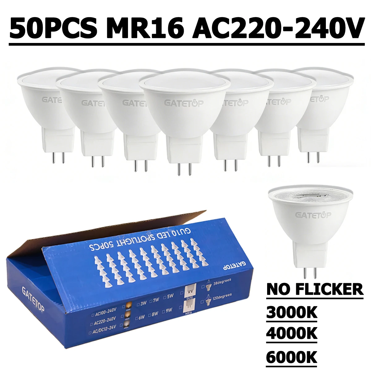 

50 шт. светодиодных ламп MR16 GU5.3, точечные светильники 3W 5W 6W 8W 220V 38-120 градусов, светодиодные лампы-споты для внутреннего освещения
