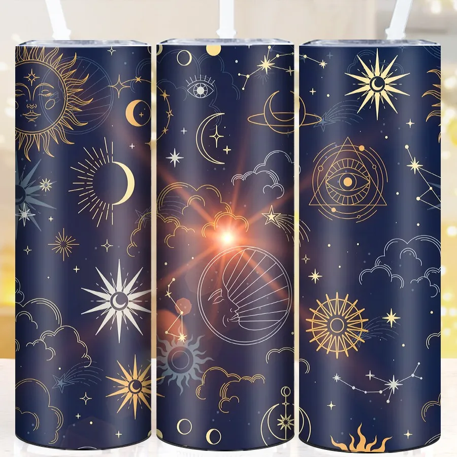 20oz Stainless Insulated Festive Tumblers Straw Lid 1Pc 3D Print Sun Moon Celestial Bodies Vacuum Straight Cups Thanksgiving