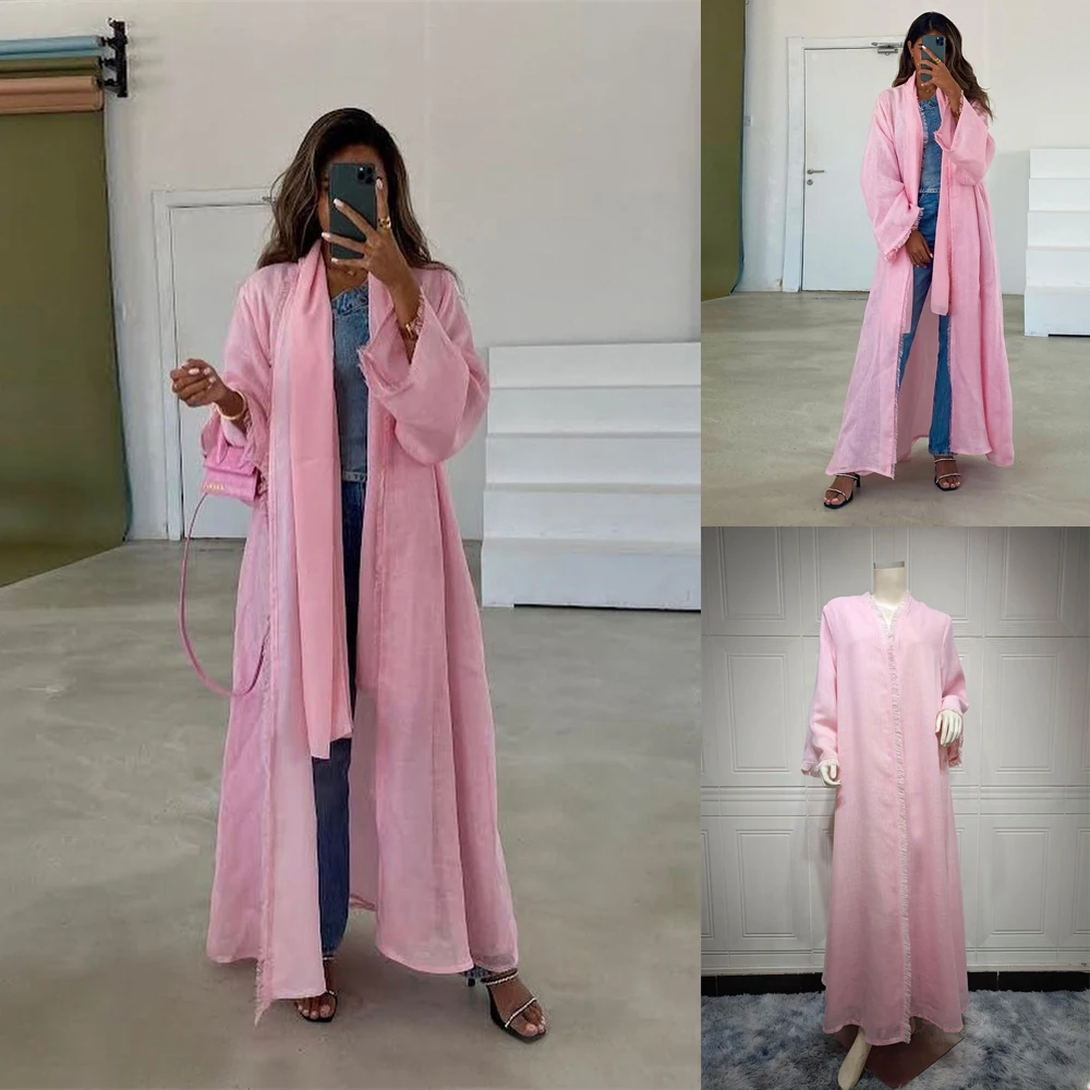 Abayas para Mulheres, Open Abaya, Tassel Simples, Dubai Casual, Abayas Modest de Linho de Algodão, Turquia Muslim Robe, Eid Ramadan, Turquia Vestuário