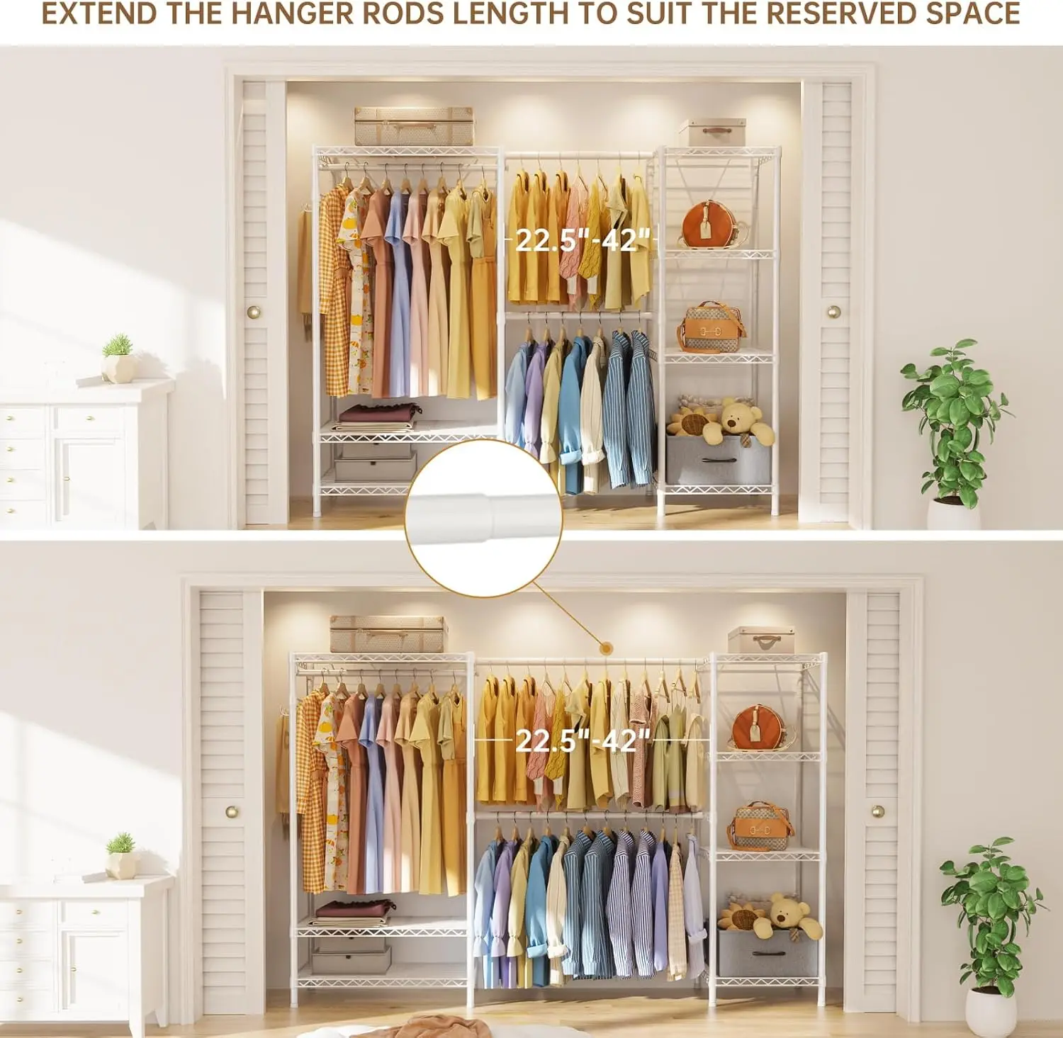 Heavy Duty Freestanding Wire Metal Garment Storage System Adjustable Multi Layer Storage Shelves Portable Closet Organizer White Household Coat & Clothing Wardrobe Holder