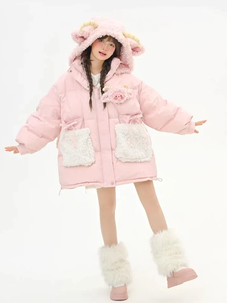 Sweet Sheep Cute Hooded Cotton-padded Warm Coat Women Jacket  Autumn And Winter Super Thick Trend Cute Fun Cotton-padded Clothes