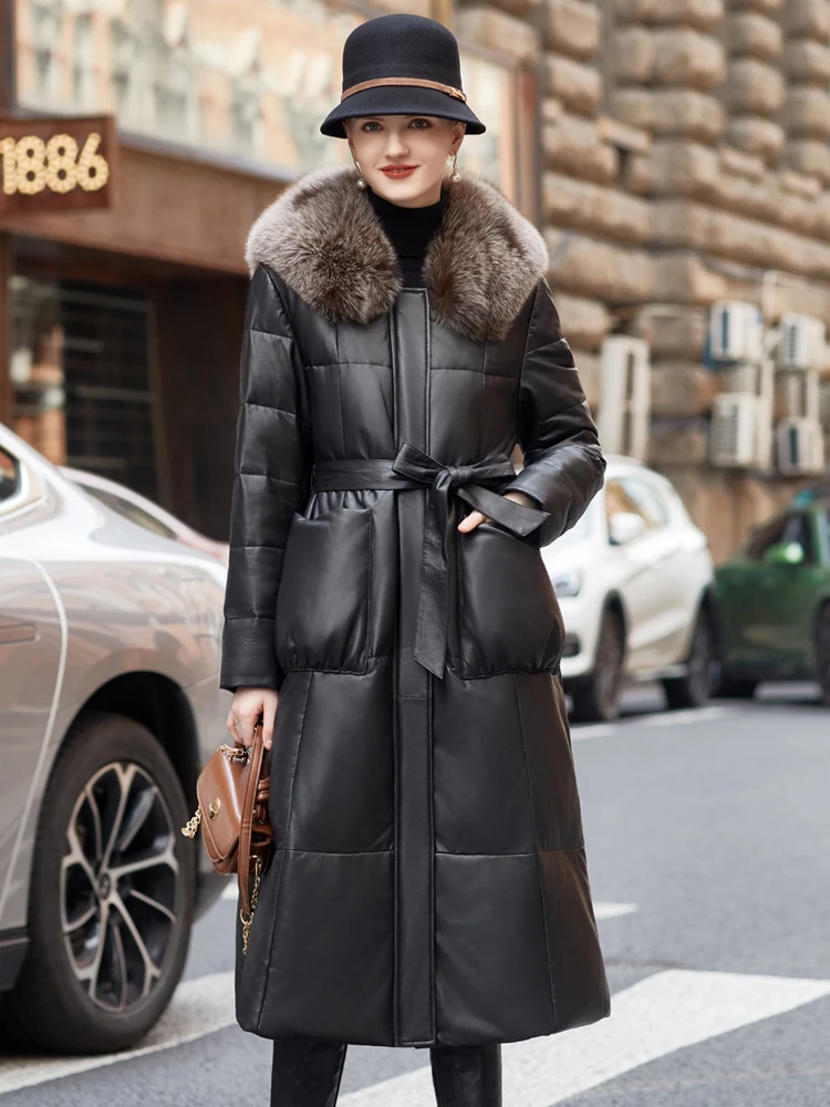 Echt leder Daunen mantel Frauen elegant mittellang Winter neue Out wears lose Fuchs Pelz kragen natürliche Schaffell Puffer Jacke f