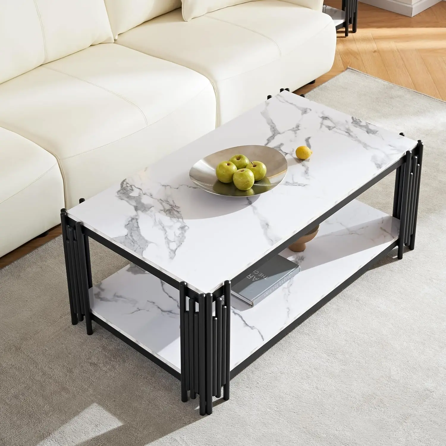 44.8" Modern 2-Tier Faux Marble Coffee Table - White Rectangular Center Table with Black Metal Frame,