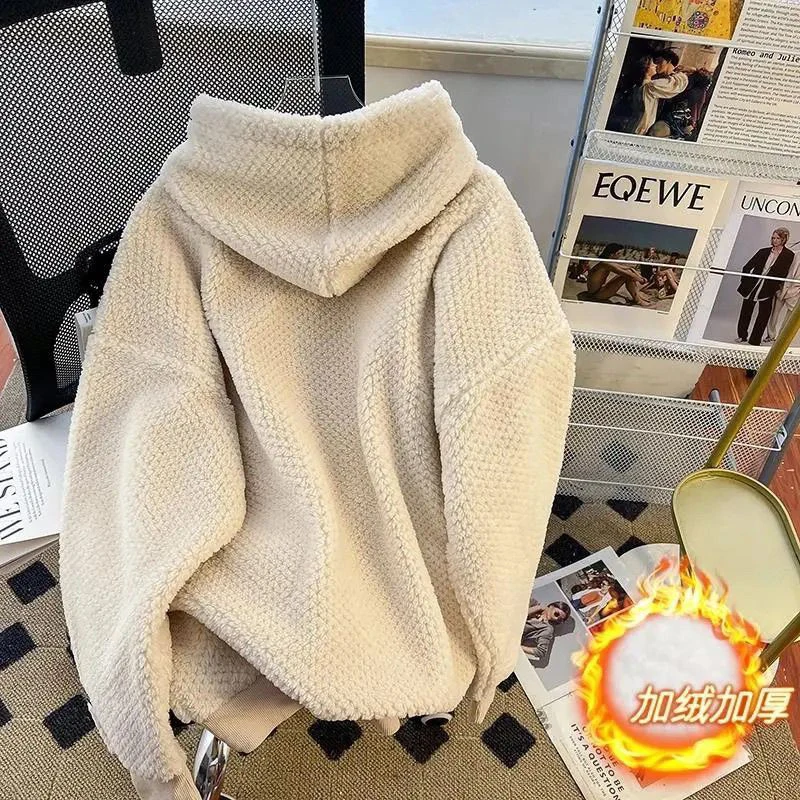 Men Winter Thick Fuzzy Fleece Hoodie Solid Loose Splice Pullover Hooded New Sweatshirt Warm Casual Daily Hoodies Outerwear