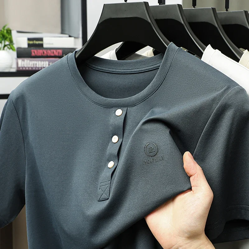 

BROWON Brand New Arrivals 2025 Summer Mens T-shirts Smart Casual Short Sleeve Solid Color O-neck T Shirt for Man Size 4XL