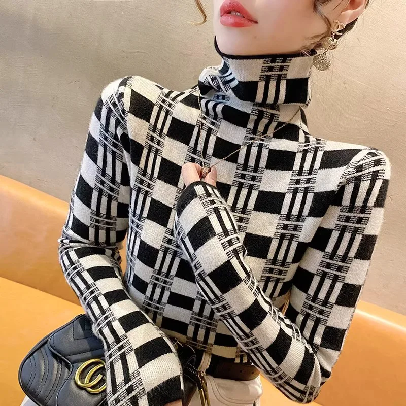 Women Clothing Turtleneck Slim Sweaters 2024 Spring Plaid Knitted Elasticity Comfortable Pullovers Chic Casual Y2k Knitwear Tops